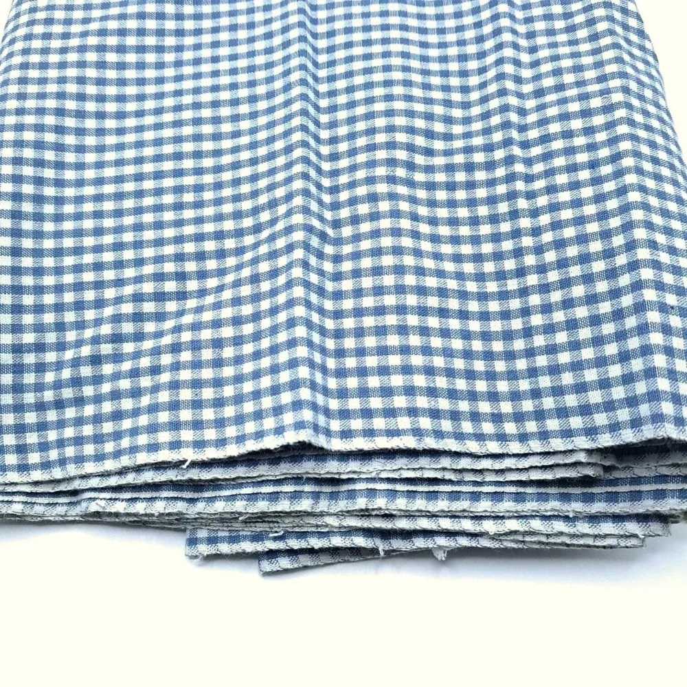 Vintage Blue White Gingham Linen Fabric 124